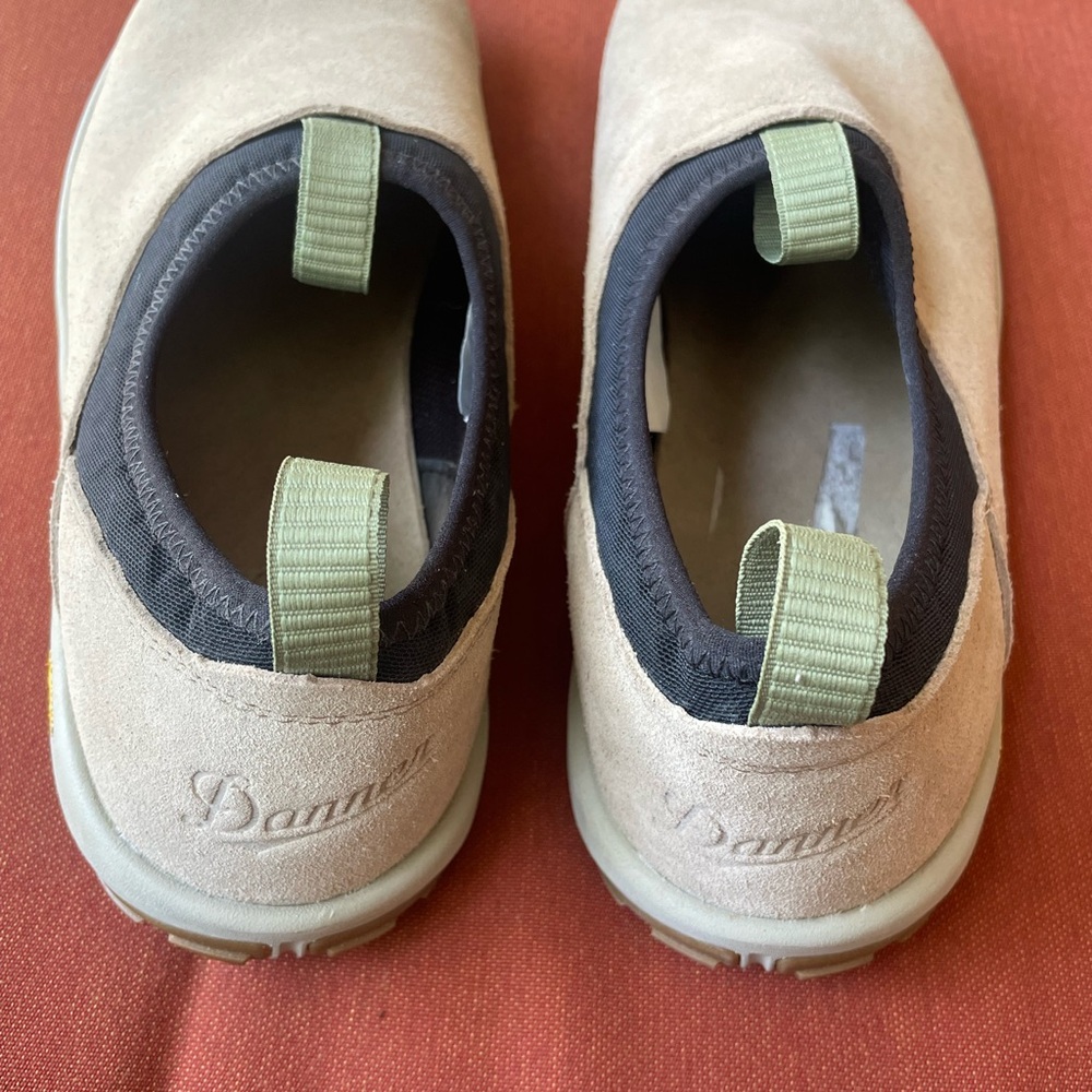 Danner Tan Suede Slip-On Shoes with Green Pull Tabs